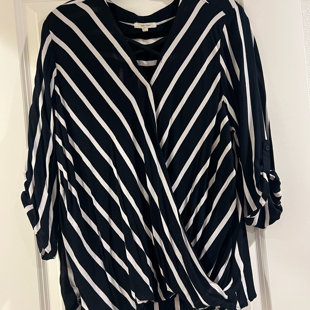 Maurices Faux Wrap Striped Black and White Blouse Size XXL